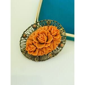 Vintage Red Celluloid Floral Antique Brooch